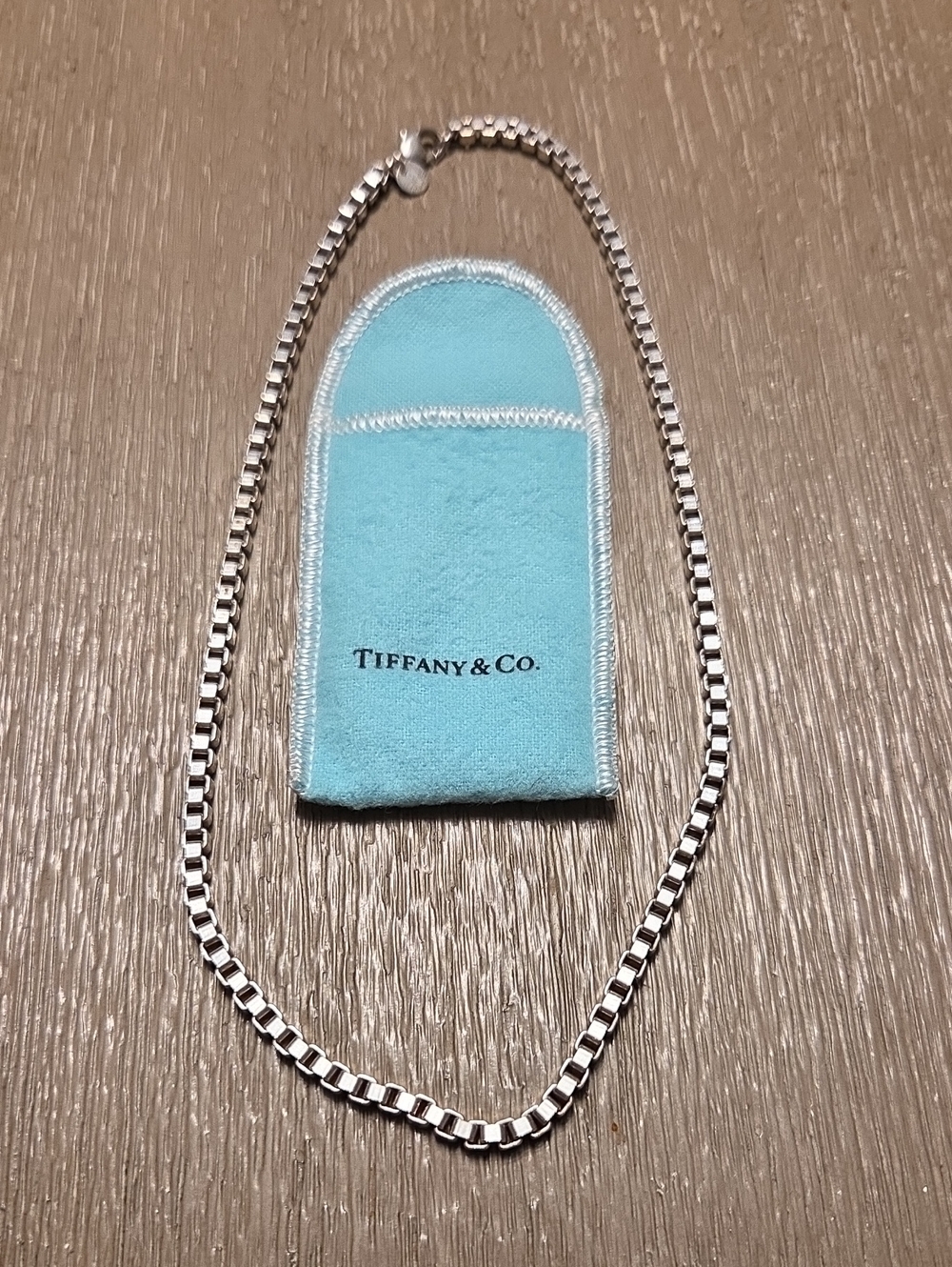 Tiffany & Co. 18" Venetian Box Chain Necklace & Pouch